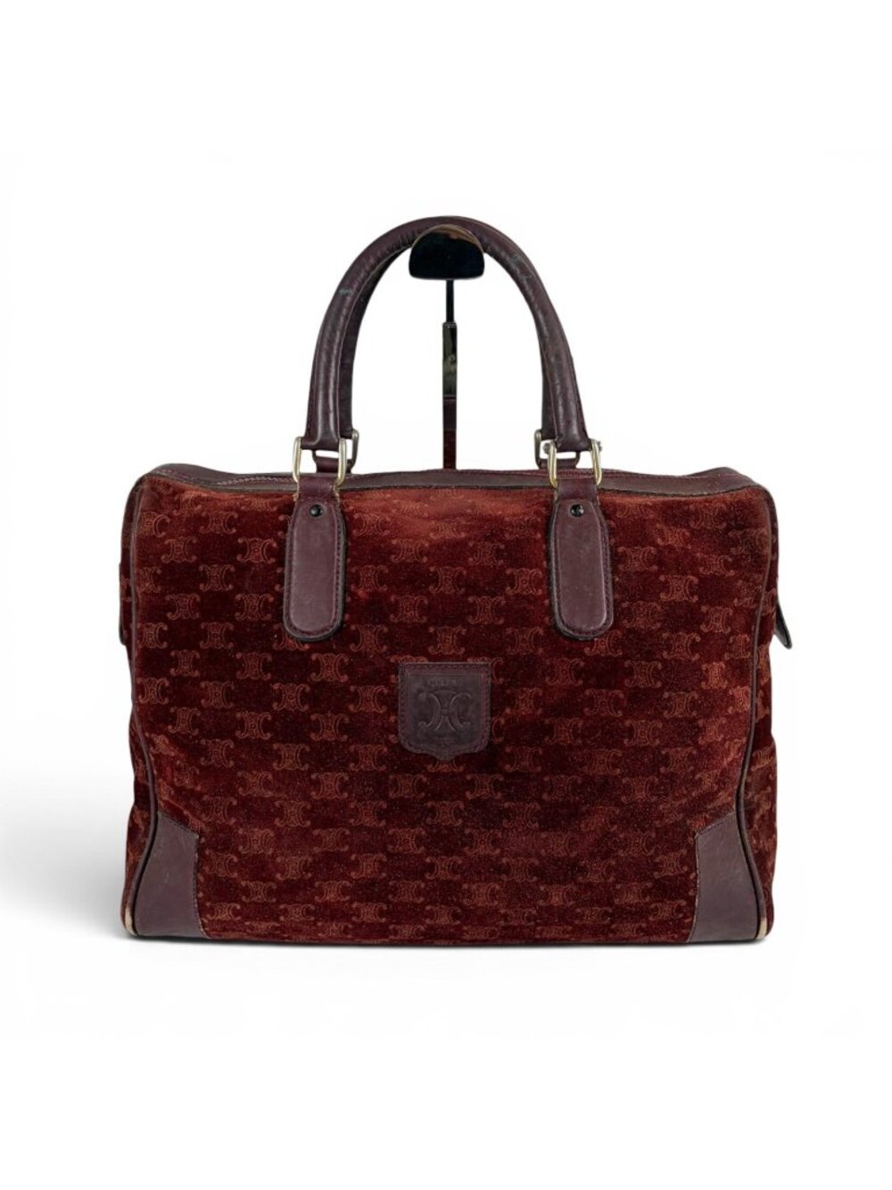 Celine Mini Boston Bag Bordeaux Color Wine Red Suede Leather Triomphe Macadam